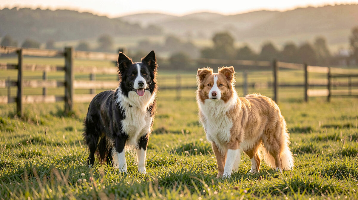 Two Border Collies and an Australian Shepherd herding dog standing alert in a green pasture at golden hour
